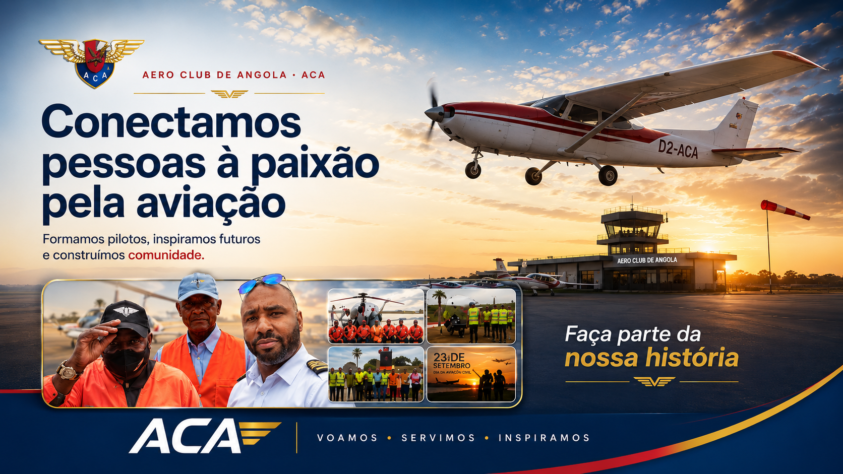 Imagem principal do Aero Clube de Angola com aeronave Cessna 172, identidade visual do clube e mensagem institucional